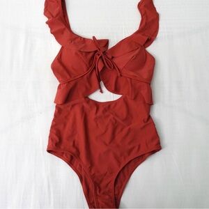 NWT Dusty Rose Ruffle Trim Cut Out Tie Front One Piece Swimsuit